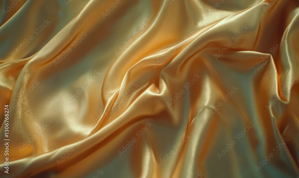 Fototapeta premium Luxurious flowing gold satin fabric with soft ripples illuminated by diffused light emphasizing its smooth and elegant texture