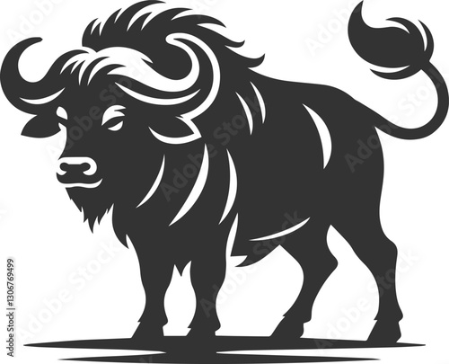 Buffalo with its tail swishing, slightly irritated animal vector silhouette