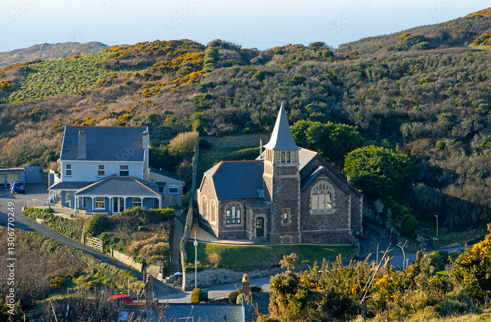 Elevated view of the village of Mortehoe in North Devon, UK