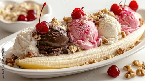 A golden banana, elegantly poised at an angle, rests atop a pristine white plate, highlighting its curves and rich texture against the clean backdrop photo