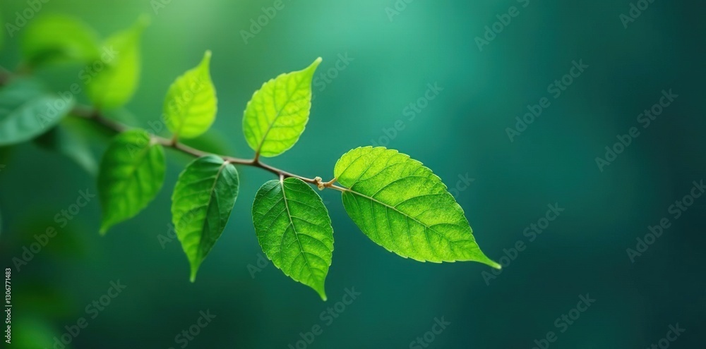 Green and teal leaves cascading down a thin branch, cascading, teal Green and teal leaves cascading down a thin branch, cascading, teal