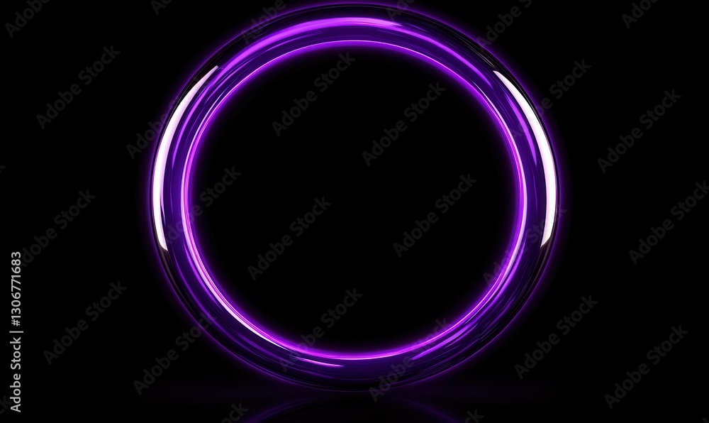 Minimalist glowing neon circle in vibrant purple tones, floating on a dark reflective background with sharp edges for a futuristic vibe Minimalist glowing neon circle in vibrant purple tones, floating on a dark reflective background with sharp edges for a futuristic vibe