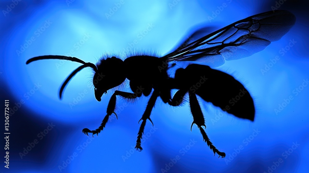 Silhouette of flying bee in vibrant blue light Silhouette of flying bee in vibrant blue light