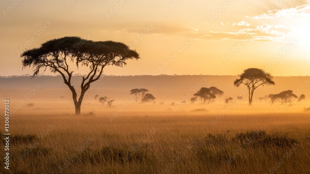 Golden sunrise over African savanna with acacia trees and mist. Golden sunrise over African savanna with acacia trees and mist.