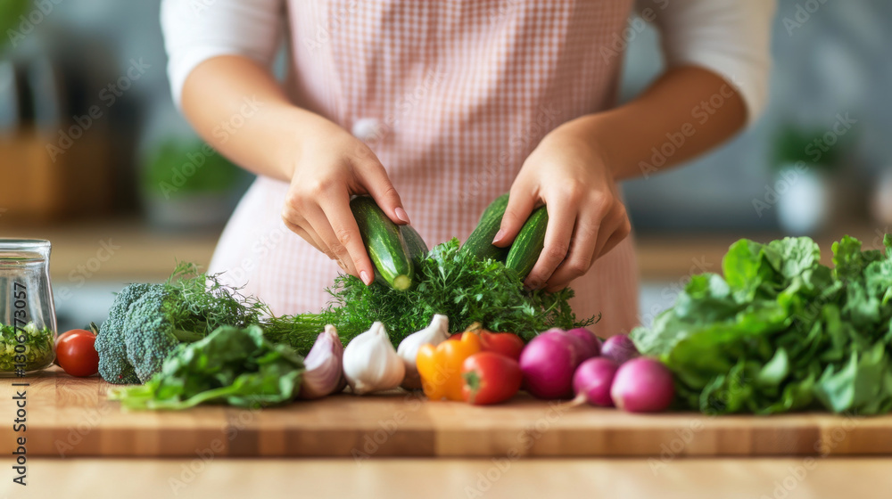 Fresh vegetables being prepared on wooden kitchen counter, showcasing vibrant colors and healthy ingredients. Fresh vegetables being prepared on wooden kitchen counter, showcasing vibrant colors and healthy ingredients.
