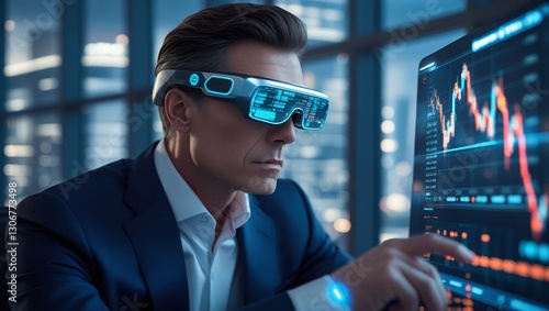 A businessman using augmented reality glasses to analyze stock market trends, ultra-realistic, cinematic lighting