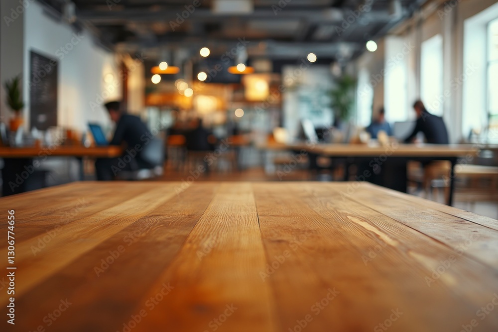 Wooden Table Surface in Coworking Space with People Working in Background Wooden Table Surface in Coworking Space with People Working in Background