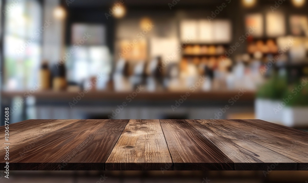Wooden Tabletop at a Coffee Shop with Blurred Background for Display Wooden Tabletop at a Coffee Shop with Blurred Background for Display