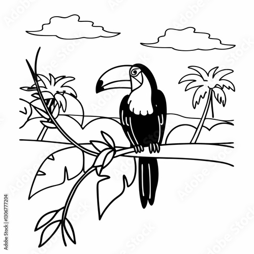 A colorful parrot perched on a branch in a tropical vector style.

