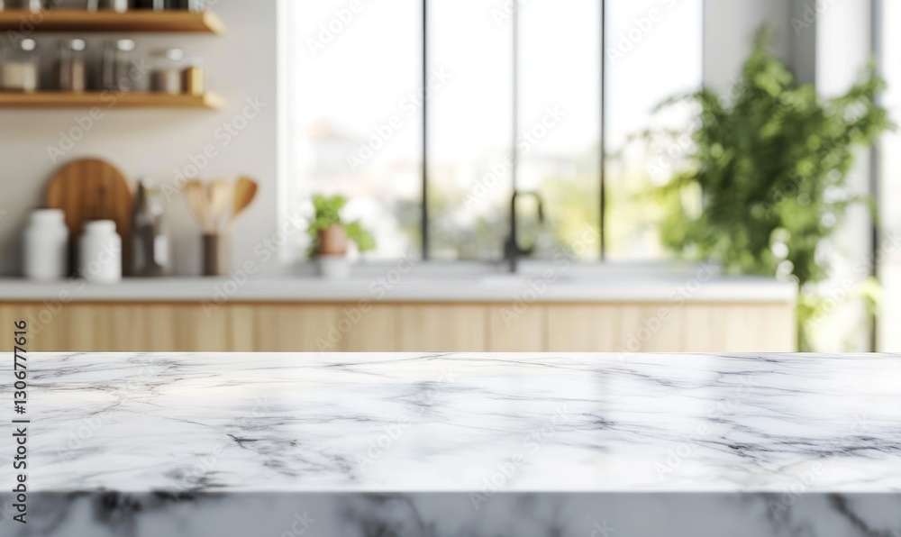 Marble Countertop in Modern Kitchen with Window and Plant Decor Marble Countertop in Modern Kitchen with Window and Plant Decor