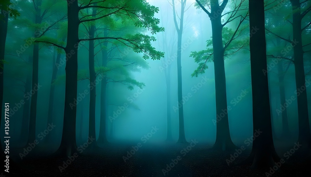 Obraz premium A panoramic shot captures a dense forest shrouded in a thick mist, creating an ethereal and somewhat mysterious atmosphere