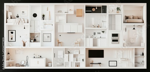 Wallpaper Mural White photo collage of various modern small apartment rooms, including a kitchen, bathroom, and bedroom, with white furniture against a black background. High-resolution photography, Torontodigital.ca