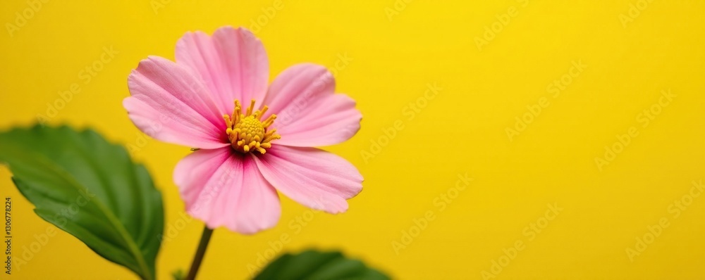 Single pink tigridia flower on a yellow background, tigridia, greenery, closeup photography Single pink tigridia flower on a yellow background, tigridia, greenery, closeup photography
