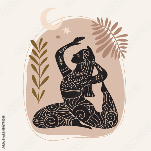 Vector illustration for International Yoga Day. Feminine figure in a flat style. Woman doing asana, surrounded by organic shapes. 
