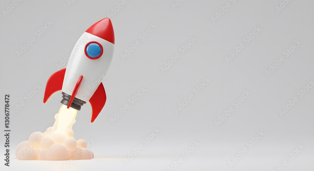 A red cartoon rocket flying in space with a 3D vector illustration style A red cartoon rocket flying in space with a 3D vector illustration style