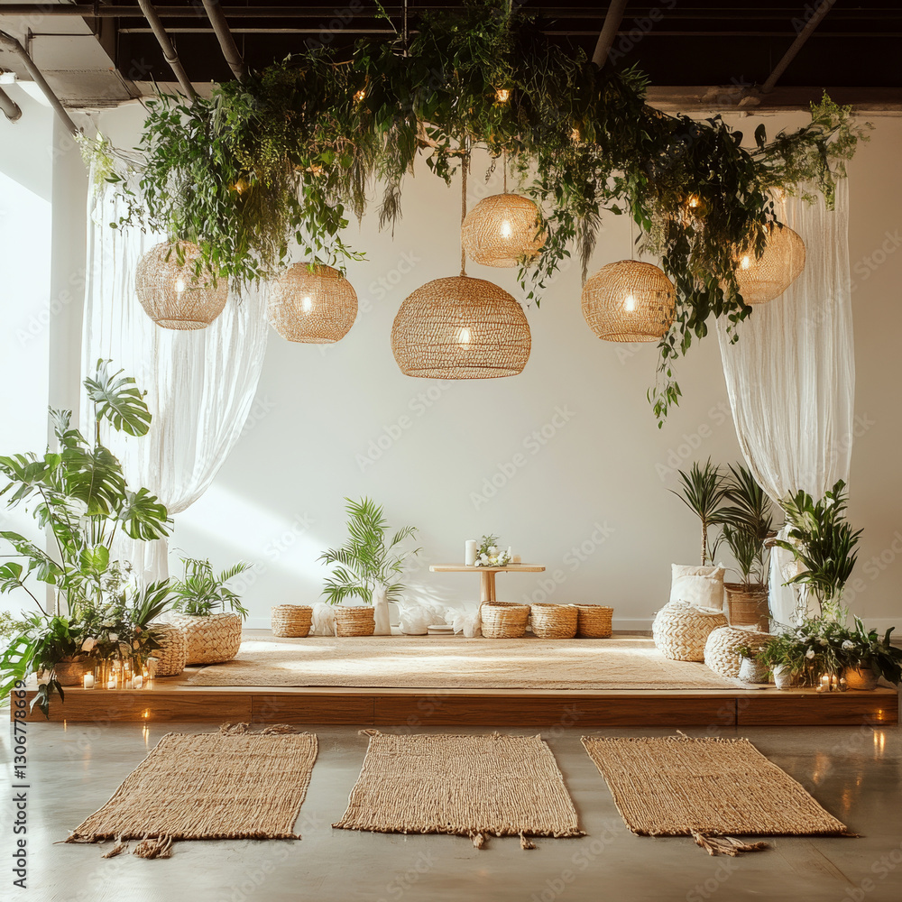 A room with hanging wicker lamps, plants, and natural decor on a wooden stage. Concept of bohemian interior design. For home decor inspiration