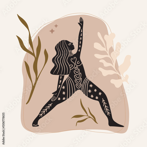Vector illustration for International Yoga Day. Feminine figure in a flat style. Woman doing asana, surrounded by organic shapes. 