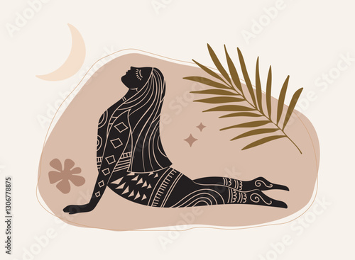 Vector illustration for International Yoga Day. Feminine figure in a flat style. Woman doing asana, surrounded by organic shapes. 