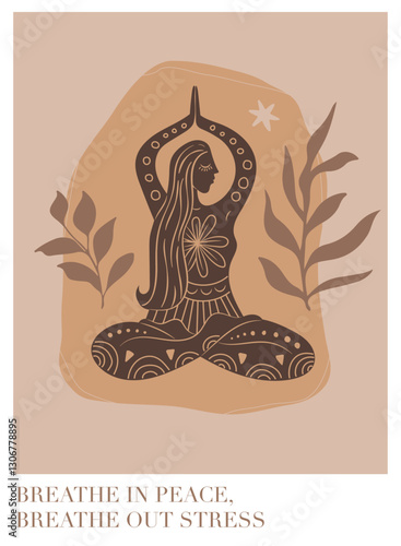 Vector illustration poster for International Yoga Day. Feminine figure in a flat style. Woman doing asana surrounded by organic shapes. Motivated quote