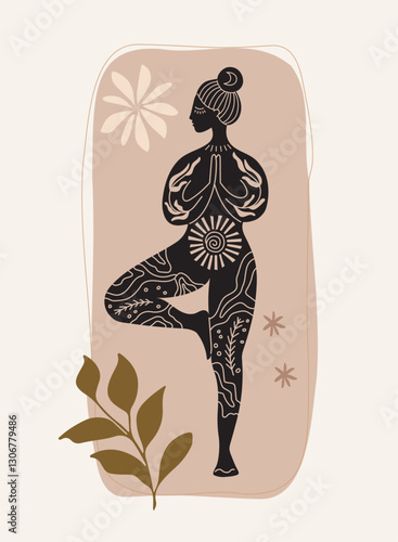 Vector illustration for International Yoga Day. Feminine figure in a flat style. Woman doing asana, surrounded by organic shapes. 