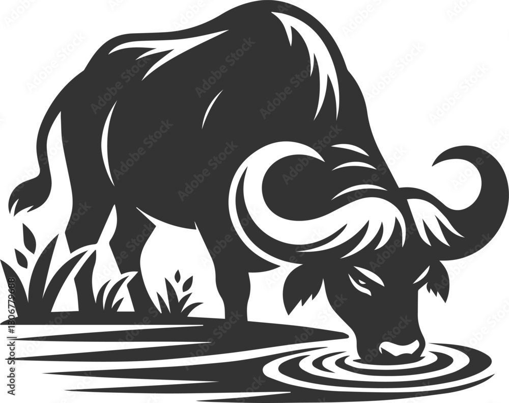 Obraz premium Buffalo drinking from a river, head lowered animal vector silhouette