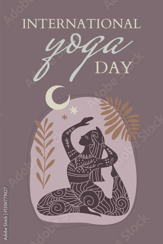 Vector illustration poster for International Yoga Day. Feminine figure in a flat style. Woman doing asana surrounded by organic shapes. 