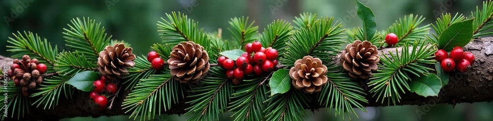 Pine cone and holly berry garland wrapped around a fallen fir tree trunk, decorations, evergreen Pine cone and holly berry garland wrapped around a fallen fir tree trunk, decorations, evergreen