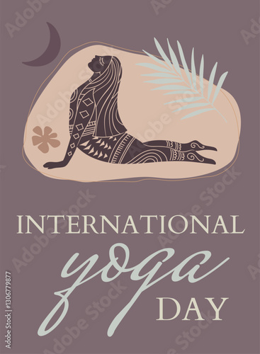 Vector illustration poster for International Yoga Day. Feminine figure in a flat style. Woman doing asana surrounded by organic shapes. 