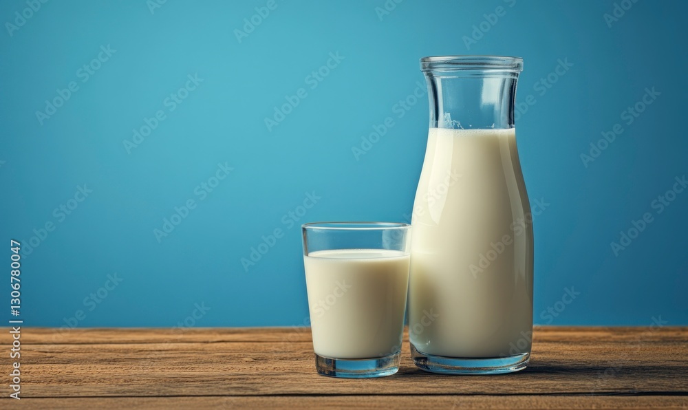 Fresh Milk in Glass and Bottle on Wooden Table Against Blue Background Fresh Milk in Glass and Bottle on Wooden Table Against Blue Background