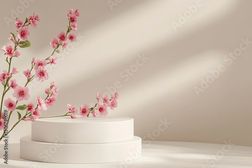 White round podium mockup with pink flowers on a beige background for product presentation. Empty space in the front, soft shadow on the side, high-resolution photography.