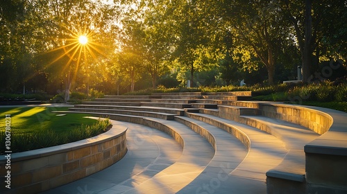 Fototapeta Naklejka Na Ścianę i Meble -  outdoor amphitheater park with curved seating golden hour light lush greenery modern architectural design and serene urban nature leisure environment