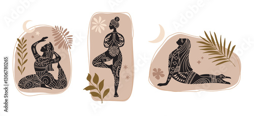 Vector set of illustrations for International Yoga Day. Feminine figure in a flat style. Woman doing asana, surrounded by organic shapes. 