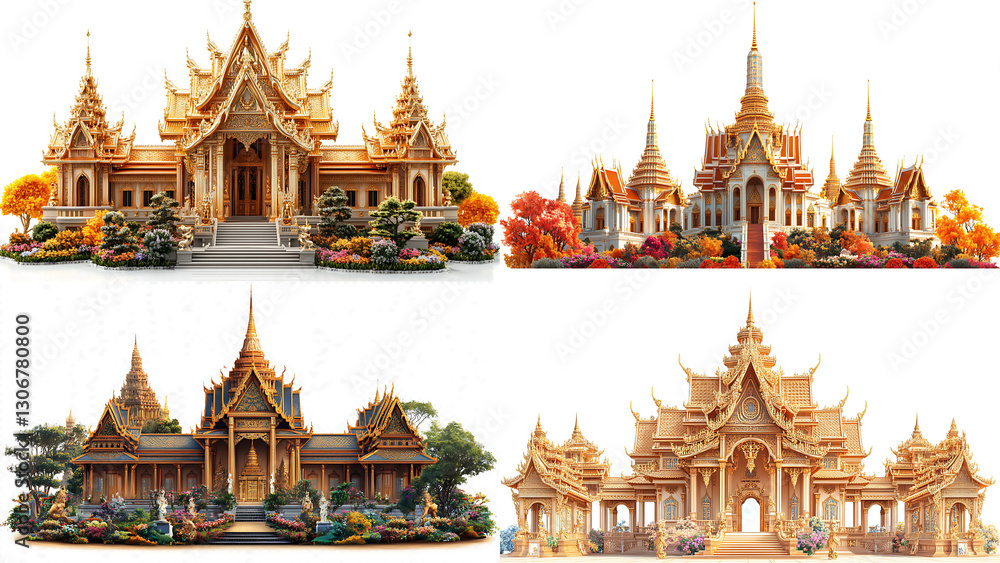 Fototapeta premium Thai Architecture Mosaic: A collection of intricate miniature depictions of ornate Thai temples, showcasing their golden spires, detailed craftsmanship, and cultural significance.