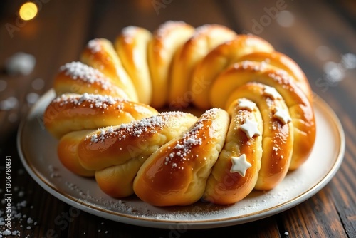 Fluffy sweet bread wreath with golden glaze and star-shaped cookies, honeybrioche, christmascookies photo