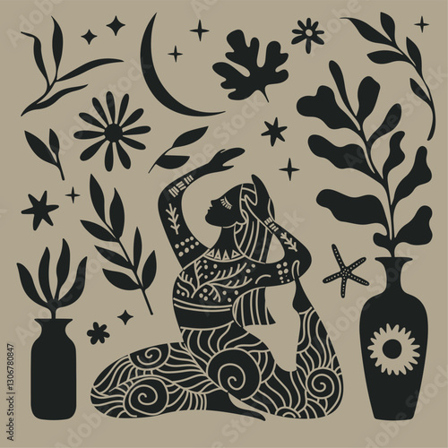Vector illustration for International Yoga Day. Feminine figure in a flat style. Woman doing asana, surrounded by organic shapes. 