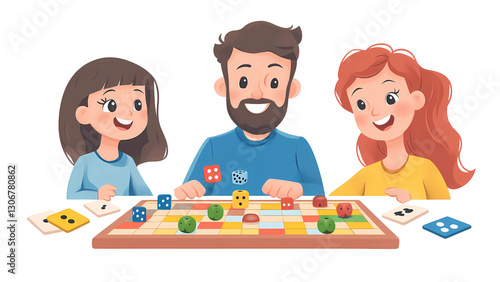 Board Game Family Fun: A loving family, comprised of a father and two daughters, deeply engrossed in a colorful board game. capturing the warmth and joy of family time.