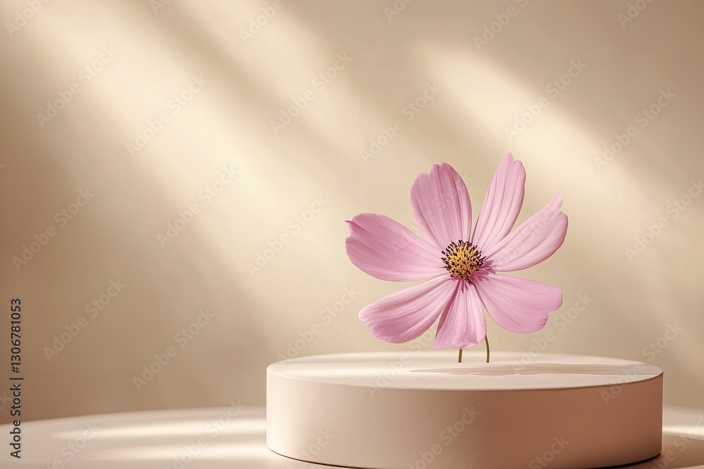 White, round podium with a pink flower on a beige background for product presentation, empty mockup, with soft shadows, high-resolution photography White, round podium with a pink flower on a beige background for product presentation, empty mockup, with soft shadows, high-resolution photography