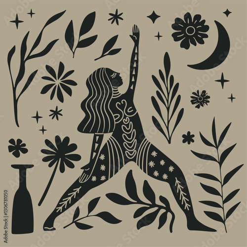 Vector illustration for International Yoga Day. Feminine figure in a flat style. Woman doing asana, surrounded by organic shapes. 