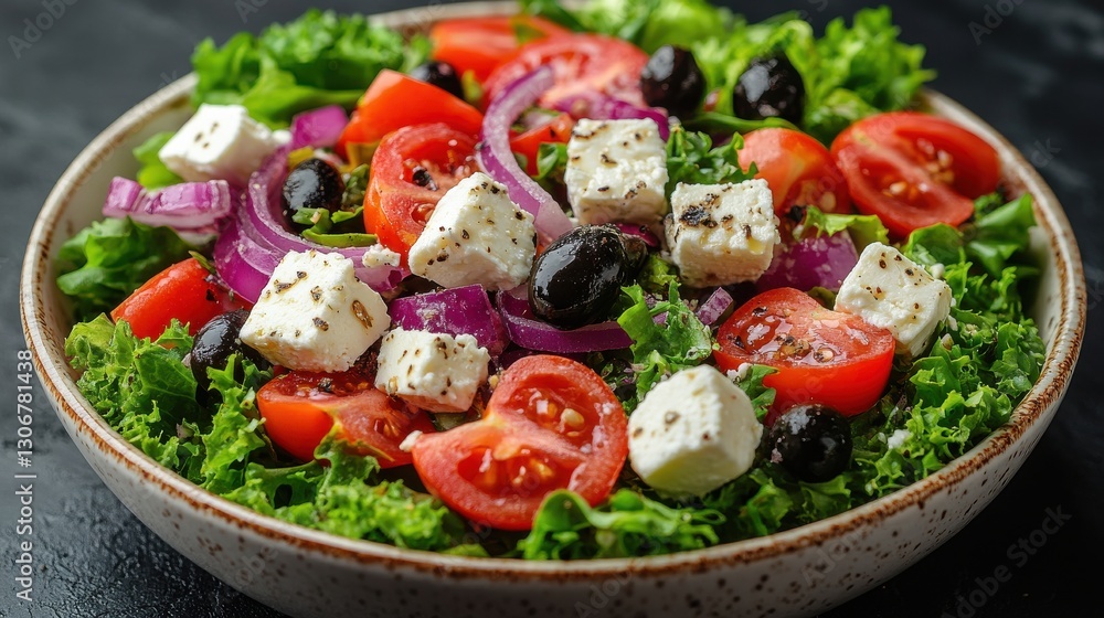 fresh greek salad with feta cheese and vibrant vegetables in a white bowl on white background fresh greek salad with feta cheese and vibrant vegetables in a white bowl on white background