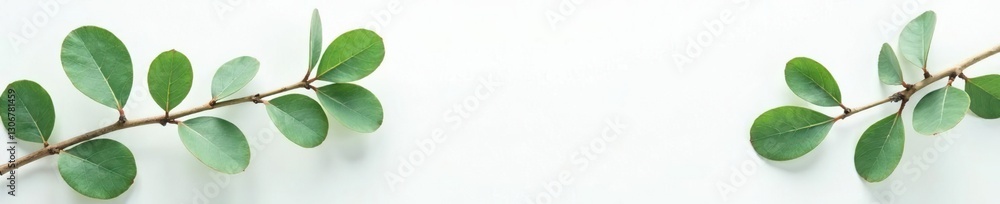 A delicate arrangement of eucalyptus leaves and branches against a plain white surface, greenery, foliage, earthy tones A delicate arrangement of eucalyptus leaves and branches against a plain white surface, greenery, foliage, earthy tones