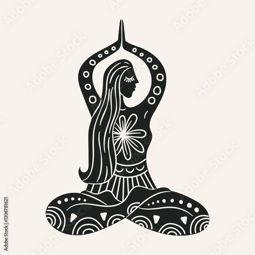 Vector illustration for International Yoga Day. Feminine figure in a flat style. Woman doing asana, surrounded by organic shapes. Black figure Isolated on white background