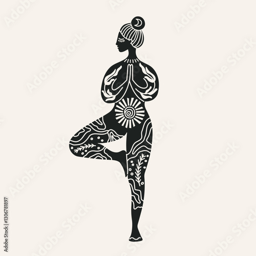 Vector illustration for International Yoga Day. Feminine figure in a flat style. Woman doing asana, surrounded by organic shapes. Black figure Isolated on white background