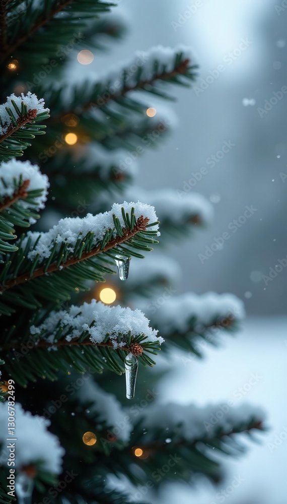 Snowflake-covered fir tree with delicate icicle decorations, evergreen, fir, winter Snowflake-covered fir tree with delicate icicle decorations, evergreen, fir, winter
