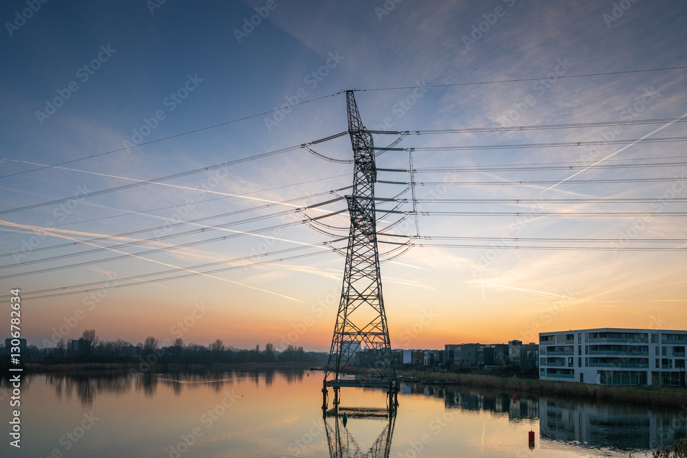 Electricity pylon over water after sunset