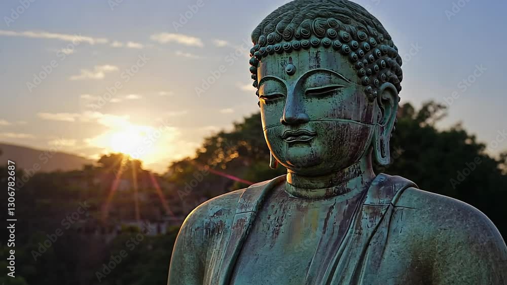 A beautifully crafted Buddha statue stands in a peaceful garden, bathed in the warm glow of the setting sun. The tranquil atmosphere invites reflection and calm A beautifully crafted Buddha statue stands in a peaceful garden, bathed in the warm glow of the setting sun. The tranquil atmosphere invites reflection and calm