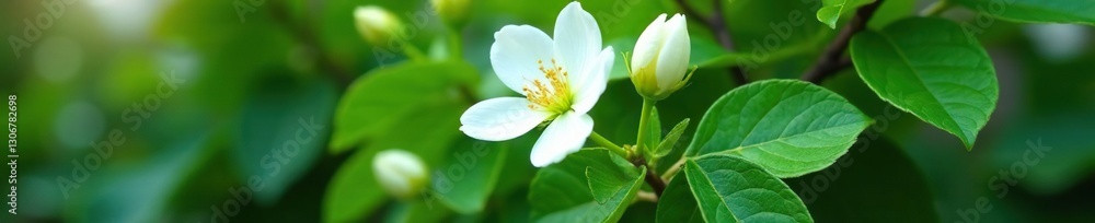 Fototapeta premium White petals unfolding from tightly closed buds on a dense green shrub, blooming, blossoms