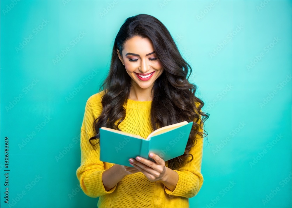 Smiling woman in a yellow sweater engrossed in reading a teal book. Smiling woman in a yellow sweater engrossed in reading a teal book.