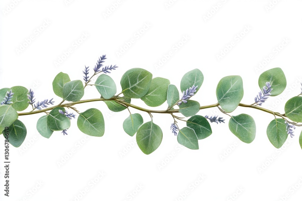 Obraz premium Elegant Botanical Illustration of Green Leaves and Purple Flowers