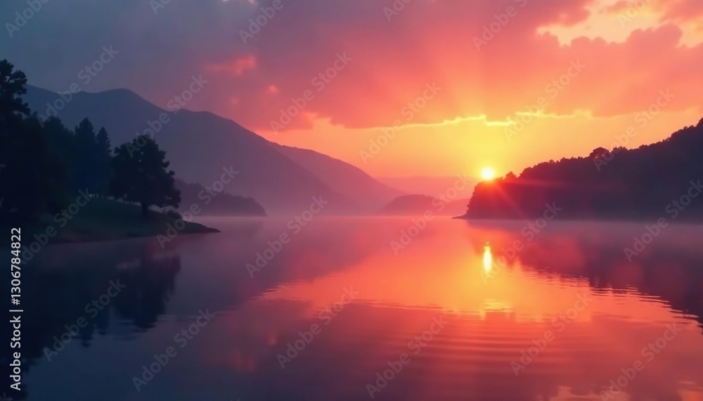 Fototapeta premium Misty lake scene at sunset with warm colors and shadows, tranquil,