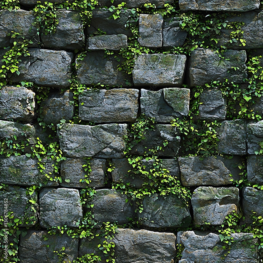 Mossy stone wall covered with green leaves and natural textures in outdoor environment Mossy stone wall covered with green leaves and natural textures in outdoor environment
